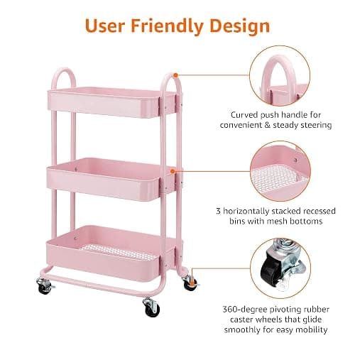 Amazon Basics 3-Layer Kitchen Trolley with 360 Degree Wheels for indoor and outdoor use, Dusty Pink thumbnail 6