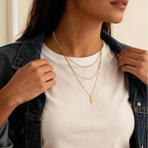 ZOFnic Cross Layered Choker Necklace for Women 18K Gold Plated Double Chain with Stack Jewelry Gift for Mom Daughter Friend Initial Charm Necklace for Birthday Anniversary thumbnail 4