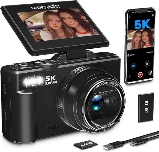 Yatao Digital Camera, 5K 75MP Cameras for Photography with WiFi & 64GB TF Card, Autofoucs Vlogging Camera for YouTube with 180° Flip Screen, Compact Vlog Travel Camera Kit for Beginner, Teens (Black) - Image 1