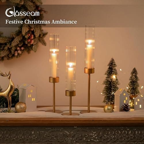 Gold Hurricane Taper Candle Holders: Glasseam 3Pcs Brass Candlestick Holders with Ribbed Glass Cylinder Cover Fluted Tall Candle Sticks Holder Decor for Table Centerpiece Wedding Christmas Decorations thumbnail 5