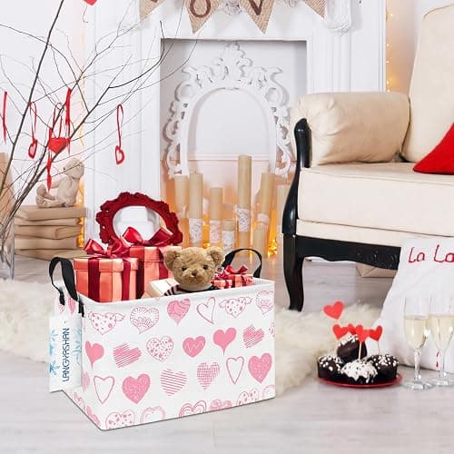 LANGYASHAN Rectangular Storage Bin Collapse Canvas Fabric Cartoon Storage Basket with Handles for Organizing Home Kitchen Boys and Girls Toys Office Closet Shelf Baskets (Rec Angel Heart) thumbnail 2