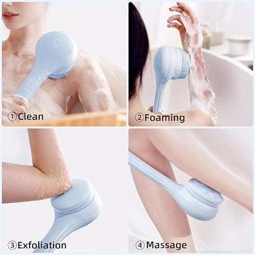 Oh,XIYU. Electric Body Brush Back Scrubber for Shower, Waterproof Long Dual Handle Power Body Scrubber with 3 Heads, Bath Brush & 2 Speeds, for Cleansing, Exfoliating and Massaging Skin, Sky Blue thumbnail 2