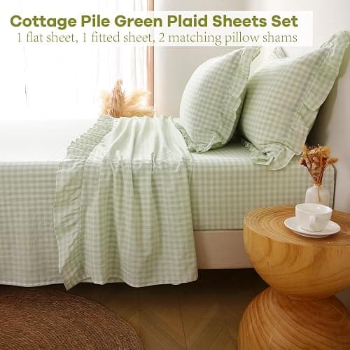K MASANIJI Pile Green Ruffle Gingham Sheets Twin XL Size 4-Piece Set, 300TC 100% Yarn Dyed Linen Feel Cotton Sheets 18 in Deep Pocket Kids Preppy Decorative Bedding (Pile Green/White Plaid, Twin XL) thumbnail 2