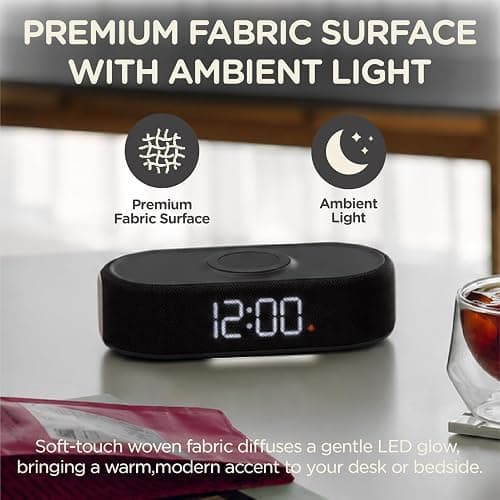 Lumoday Fabric Digital Alarm Clock for Bedroom, Wireless Charging, Beige | Wireless charging, USB-C port, dual alarm, 30-min snooze, dimmable display, ambient light, battery backup, bedside use thumbnail 5