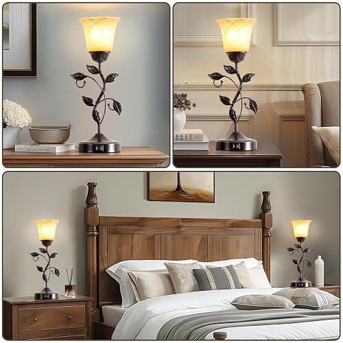 RORIANO Set of 2 Touch Vintage Bedroom Leaf Table Lamps with 2 USB Ports | 3-Way Dimmable Nightstand Flower Lamps, Amber Glass Shade Rustic Lamp for Living Room Bedroom, LED Bulb Included (Bronze) thumbnail 4