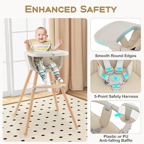 BABY JOY Convertible Baby High Chair, 3 in 1 Wooden Highchair/Booster/Chair with Removable Tray, Adjustable Legs, 5-Point Harness, PU Cushion and Footrest for Baby, Infants, Toddlers (Beige) thumbnail 6