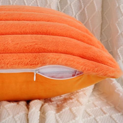 FUTEI Orange Striped Decorative Throw Pillow Covers 14x14 Inch Set of 2,Square Spring Decorations Couch Pillow Case,Soft Cozy Faux Rabbit Fur & Velvet Back,Modern Home Decor for Bed - Orange - 14" x 14" (Pack of 2) thumbnail 4