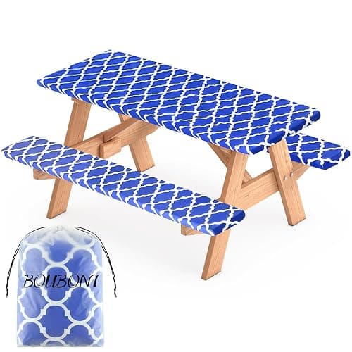 BOUBONI 3 Pcs Set Fitted Picnic Table Cover with Bench Covers Vinyl Camping Table Cloth Flannel Backing Picnic Table Cloth for 6ft Tables Camping Outdoor (Blue Morocco, 30 x 72 Inches) - Image 1