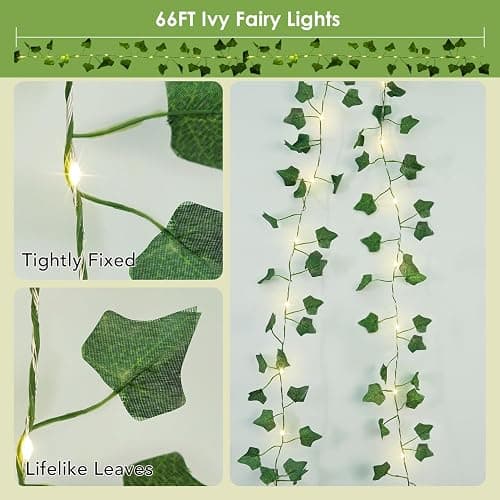 OMIKA Vine with Fairy Lights Plug in, 66FT 200 LED Ivy String Lights Connectable with Remote, Leaf Light Waterproof for Bedroom, Room, Wall, Garden, Party, Wedding Decor (Warm White) thumbnail 8