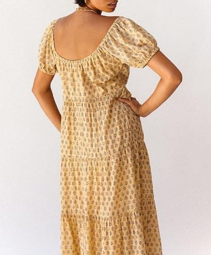 Woman Floral Puff Sleeve Maxi Dress Square Neck Ruffle Flowy Long Dresses Bohemian Tiered Summer Sundress thumbnail 6
