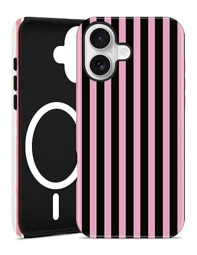 Aitipy Magnetic Striped Phone Case for iPhone 16 Plus, Black Pink | Compatible with MagSafe, Cute Stripes Aesthetic Pattern Design, TPU and PC Protective Phone Cover for Women Men Girls Boys - Image 1