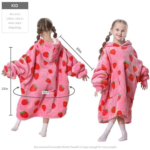 Aemicion Strawberry Blanket Hoodie Gifts for Kids,Oversize Sherpa Wearable Blanket,Cozy Sweatshirt Blanket for Girls thumbnail 2