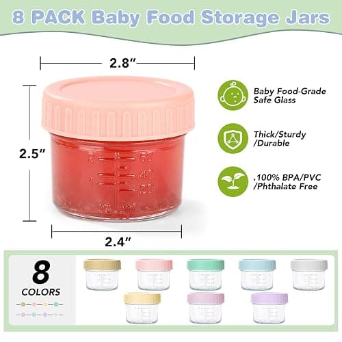 8 Pack Glass Baby Food Storage Containers, 4 oz Leakproof Baby Food Jars with Lids, Small Glass Food Containers for Infant Baby Food, Freezer & Microwave Safe, BPA Free thumbnail 2
