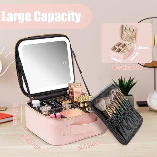 Makeup Travel Train Case with Mirror LED Light 3 Adjustable Brightness Cosmetic Bag Portable Storage Adjustable Partition Waterproof Makeup Brushes Makeup Jewelry Gift for Women (Pink checkered) thumbnail 6