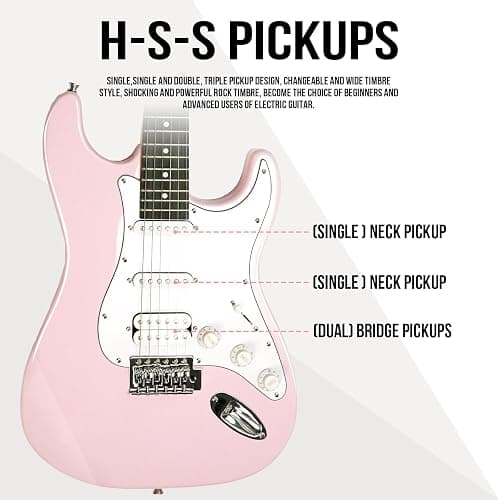 Soulmate 39 Inch Full Size Electric Guitar Starter Kit for Beginners Solid Body, HSS Pickups with 15W Amp, Gig Bag, Capo, Strap, Strings, Cable, Picks (Right-Handed,Pink) thumbnail 3