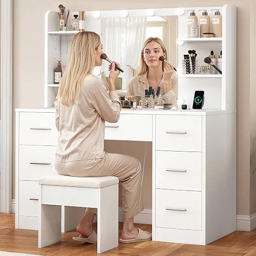 FIONESO Vanity Desk with LED Light Mirror & Power Outlet, 3 Adjustable Light Color, Makeup Vanity with 7 Drawers, 4 Shelves, 5 Jewel Hooks, White Vanity for Bedroom, Girls Vanity thumbnail 7