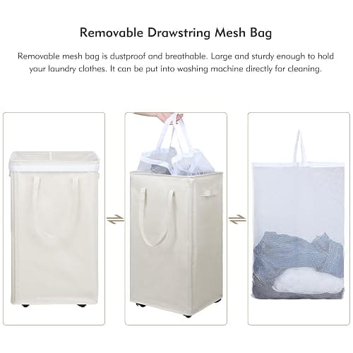 DOKEHOM 90L X-Large Laundry Basket with Removable Wash Bag on Wheels, Collapsible Rolling Laundry Hamper, Foldable Clothes Organizer, Folding Washing Bin (Beige) thumbnail 9
