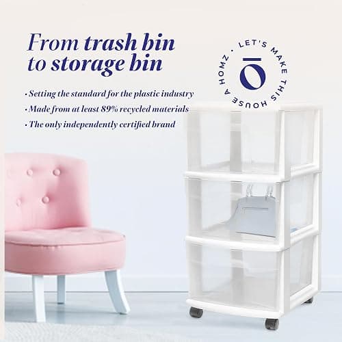 HOMZ Drawer Tower, 3-Tier Clear Plastic Storage Organizer Cart, White Frame - Heavy-Duty Organizing Drawers for Home, Bedroom, and Closet Organization thumbnail 8