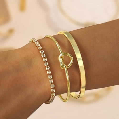 Zalcon Gold Bangle Cuff Knot Bracelet for Women Stack Non Tarnish Gold Plated Cubic Zirconia Tennis Bracelets Jewelry Set for Women Trendy thumbnail 3