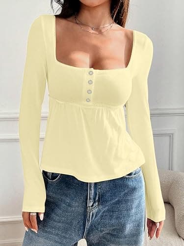 AKLOPVII Women Cute Picot Trim Peplum Crop Babydoll Tops Y2k Front Button Down Square Neck Long Sleeve Cropped T Shirts thumbnail 2