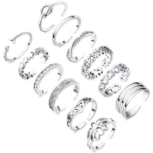 Honsny 12PCS 14K Gold/Silver Plated Toe Rings for Women Adjustable Band Rings Open Flower CZ Toe Ring Set Beach Foot Jewelry - Image 1
