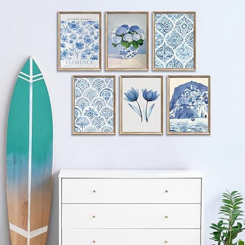 6Pcs Blue coastal Wall Art Flowers Aesthetic Wall Decor Pictures Trendy Minimalist Posters Prints Hydrangeas painting Preppy Artwork for Bedroom Gallery Home Decoration,8x10in Unframed thumbnail 2
