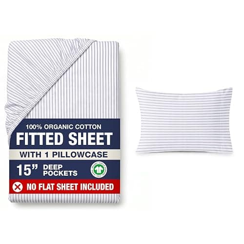 LANE LINEN Twin XL Fitted Sheet, 100% Organic Cotton 2-Piece Set (1 Fitted Sheet, 1 Pillowcase), Percale Weave, Bottom Sheet, Breathable, Fits Mattress Upto 15" Deep - Ticking Stripe (No Flat Sheet) - Image 1