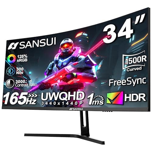 SANSUI 34-Inch Curved Gaming Monitor UWQHD 3440 x 1440 Up to 165Hz Curved 1500R - PIP/PBP, 1ms(MPRT), HDR, 300nits, sRGB 125%, DCI-P3 95%,FreeSync,HDMIx2,DP1.4 x2 (DP Cable Included) - Image 1