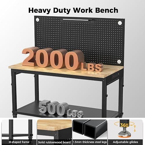 CAMMOO 48" Heavy Duty Work Bench Adjustable Height Max Load 2000 LBS with Storage Shelf for Garage Workbench, Rubberwood Tabletop with Pegboard, LED Light, Built-in Power Strip for Woodworking Shop thumbnail 7