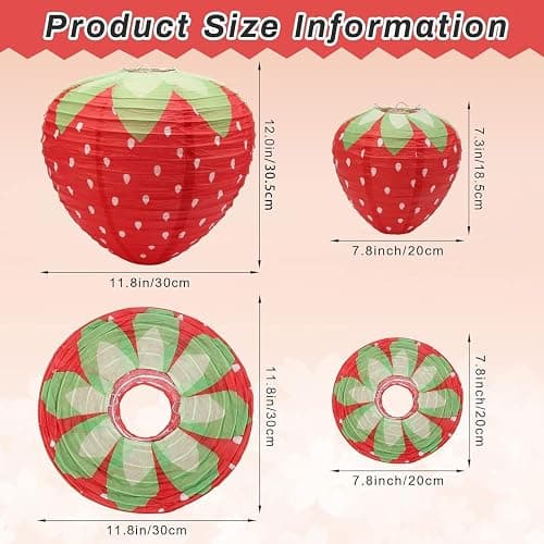 JIEFULL Strawberry Paper Lanterns, 8" & 12" Large Strawberry Hanging Lantern, Strawberry Hanging Decorations for Fruit Theme Birthday Party Decor(8 Pcs, Red & Pink) thumbnail 3