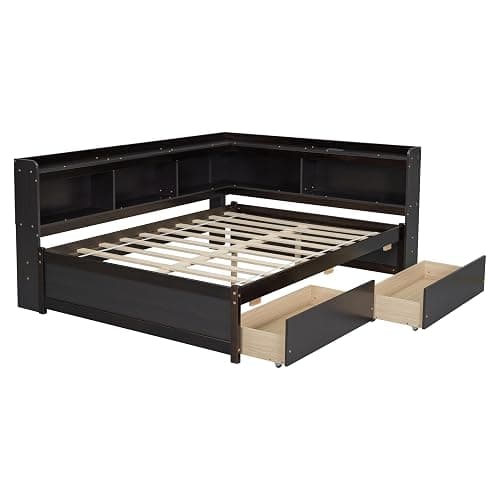 SEHAONOHOME Full Size Wood Daybed with Two Drawers and Storage Bookcases, Multifunctional Sofa Bed with Power Outlets and USB Charging Ports, Espresso - Espresso With Drawer - Full thumbnail 2