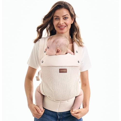 Momcozy PureHug Baby Carrier - Ergonomic, Cozy and Lightweight for 7-45 lbs | Easy to Put On, IHDI Hip-Healthy, 3D EVA Lumbar Support, X-Straps for Even Weight Distribution, Air Mesh Cooling, Almond - Image 1