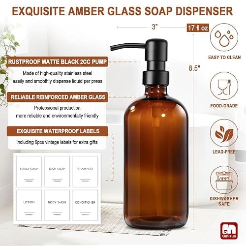 GMISUN Amber Glass Soap Dispenser, 2 Pack Bathroom Hand Soap Dispensers with Stainless Steel Pump, 17 Fl Oz Kitchen Hand and Dish Soap Dispenser Set, Modern Vintage Liquid Brown Soap Dispensers Bottle thumbnail 4