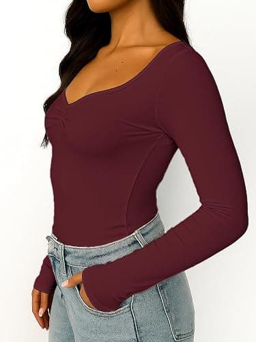 TiulZial Women's Long Sleeve Shirts Going Out Tops Basic Cute Pleated Sweetheart Neck Y2K Fall T Shirts thumbnail 2
