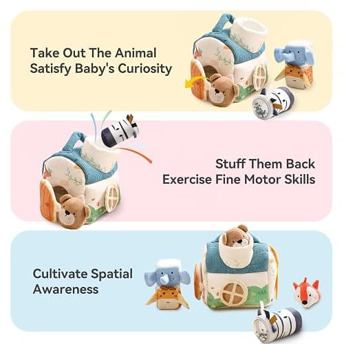 Youuys Travel Sensory Toys for Babies 6-12 Months & Toddlers 1-3 Year Old On-The-Go Montessori Soft Stuffed Animal Set with Crinkle, Rattle, Safe Mirror Educational for Kids Boy Girl thumbnail 5