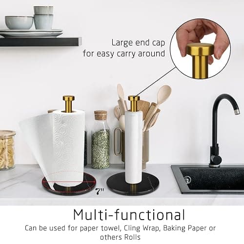 Paper Towel Holder Countertop, Brushed Gold, 7" Black Marble Base | Weighted Marble Base, Paper Roll Holder, Modern Free Standing, Stainless Steel Stand, For Kitchen Bathroom thumbnail 3