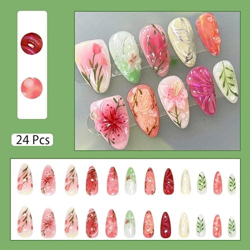 24pcs Flower Press on Nails Medium Almond Fake Nails with 3D Pink Summer Floral Designs Gradient False Nails Butterfly Glue on Nail Cute Flowers Acrylic NailsFull Cover Stick on Nails for Women thumbnail 5