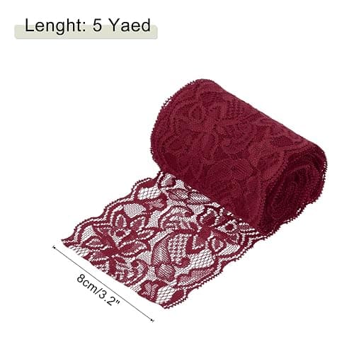 MECCANIXITY 3 Inch Wide 5 Yard Elastic Lace Ribbon Floral Pattern Dark Red Stretch Lace Trim Embroidered Fabric for Sewing Making, and DIY Crafts, Gift Wrapping, Bouquets, Wedding Decor thumbnail 3