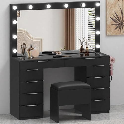 DWVO Glass Top Makeup Vanity Desk, 46" Vanity Set with Mirror and Lights, 10 Storage Drawer, Power Outlet, Chair, Makeup Table Set with Magnifying Glass - Image 1