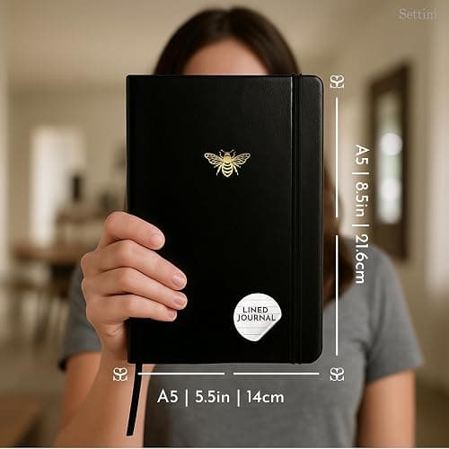 SETTINI Lined Journal, Ideal for Journaling - A5 Vegan Leather Notebook, 192 Archival-Quality Pages, QuillEase Bleed-Free Paper, Inner Pocket & Bookmark - Christmas Gifts, Black Bee thumbnail 3