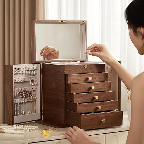 Homruilink Black Walnut Wooden Jewelry Box for Women, 6 Layer | Locking Large Wood Jewelry Organizer with 2 Side Doors & Mirror, For Watch Necklace Ring Earring, Velvet-Lined, Gift thumbnail 2