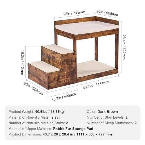 VEVOR Pet Bunk Bed with Stairs, Dog/Cat Window Perch for High Beds and Couches, Medium Multi-Level 3 Step Dog Seat Platform Sleeper Couch, Practical for Modern Homes (Rustic Brown) thumbnail 7