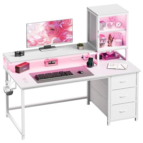 DurayLoly 47" White Computer Desk with 2 Acrylic Cabinet & 3 Fabric Drawers | Integrates Ample Storage & Display, Great Fit for Small Spaces, Outlets Suitable for Studying, Working & Gaming Equipments - Image 1