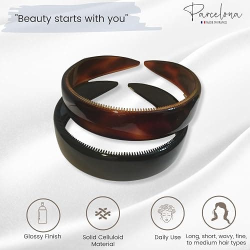 Parcelona French (Set of 2) Wide 1 Inch Tortoise Shell Brown and Black Hair Headbands with Inner Teeth Nibs thumbnail 2
