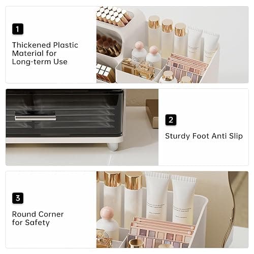 UFORU Makeup Organizer for Vanity with Brush Holder, Countertop Skincare Organizer with 2 Drawers, Spacious Cosmetic Display Case for Perfumes, Eyeshadow Palettes, Nail Polishes thumbnail 7