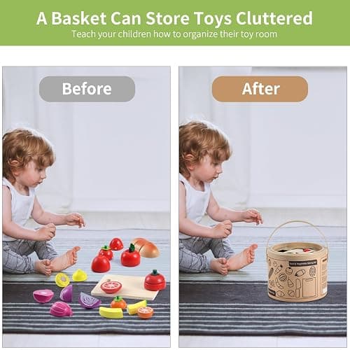 WHOHOLL 43 Pcs Wooden Play Food for Kids Play Kitchen Accessories Playset with Basket, Pretend Cutting Food Toys for 3 4 5 6 Year Old, Vegetables Fruits Toys Christmas Birthday Gifts for Girls Boys thumbnail 7