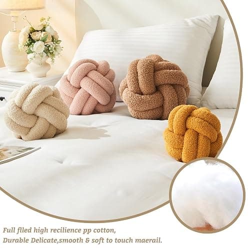 Lokaluo Knot Pillows Ball Decorative Throw Pillows for Couch Bed Sofa Living Room 2 Cord Aesthetic Round Cute Plush Pillows Home Decor,woolwhite 11inch thumbnail 7