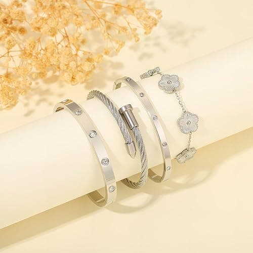 ISELBDR 18K Gold Bracelets for Women - Stackable Clover & Nail Love Bangle Set - Non-Tarnish Stainless Steel Jewelry Gift for Valentine's, Mother's Day & Christmas thumbnail 5