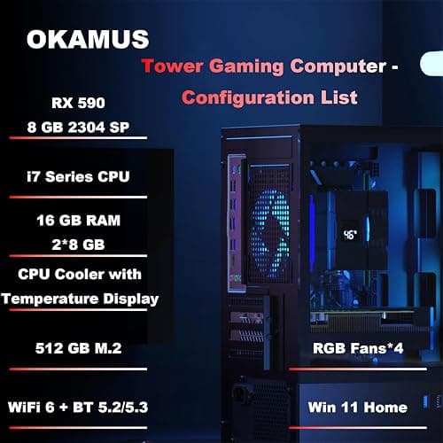 OKAMUS Gaming PC, i7 6700 CPU Up to 4.0GHz, RX 590 2304 SP 8GB DDR5 Graphics Card, 512 GB M.2, 16 GB RAM Pre-Built Computer, ARGB Fans x 4, Win 11 Home，WiFi 6 + BT 5.3, 400W PSU (RX 590+512GB+16GB) thumbnail 3