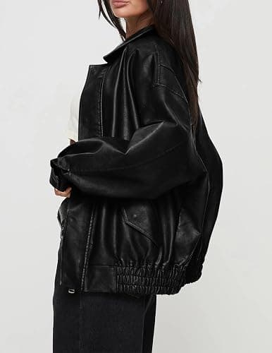 PRETTYGARDEN Women's Faux Leather Motorcycle Jacket Trendy Fall Spring Clothes Oversized Zip Up Winter Coat Outerwear thumbnail 3
